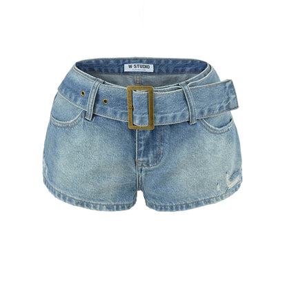 Slimming Waist Belt High-Waisted Loose Denim Ultra-Short Pants for Women | MuddyStock Originals Light blue