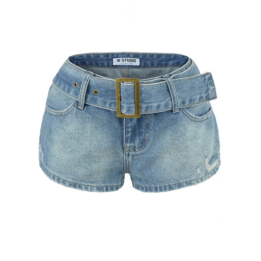 Slimming Waist Belt High-Waisted Loose Denim Ultra-Short Pants for Women | MuddyStock Originals Light blue