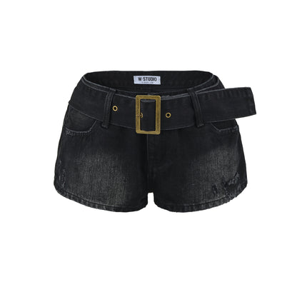 Slimming Waist Belt High-Waisted Loose Denim Ultra-Short Pants for Women | MuddyStock Originals Black