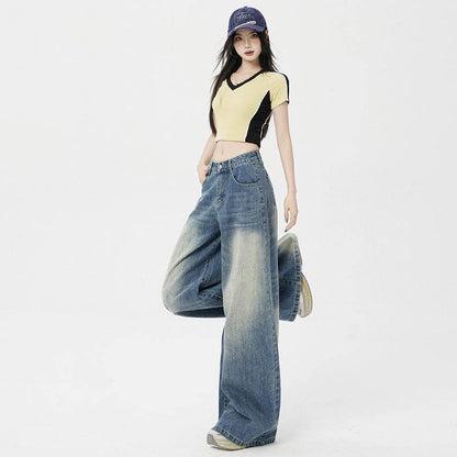 Women's Washed Vintage Blue Draped Loose High-Waist Wide-Leg Jeans | MuddyStock Originals MuddyStock