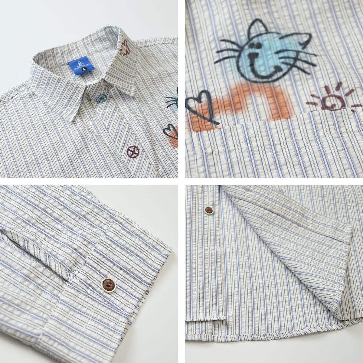 Retro Bee Letter Print Striped Couple Long Sleeve Shirt Loose Fit All-Match Blouse Men
