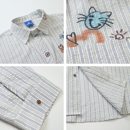 Retro Bee Letter Print Striped Couple Long Sleeve Shirt Loose Fit All-Match Blouse Men