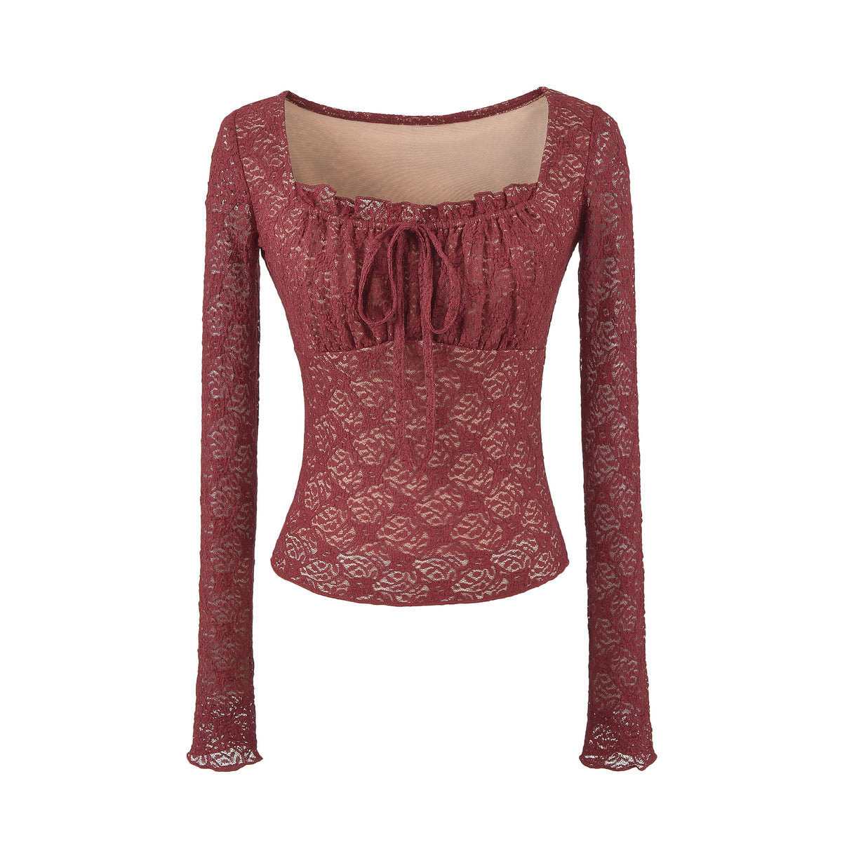 Sexy Lace Short Sleeve Square Neck T-Top Burgundy