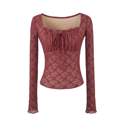 Sexy Lace Short Sleeve Square Neck T-Top Burgundy