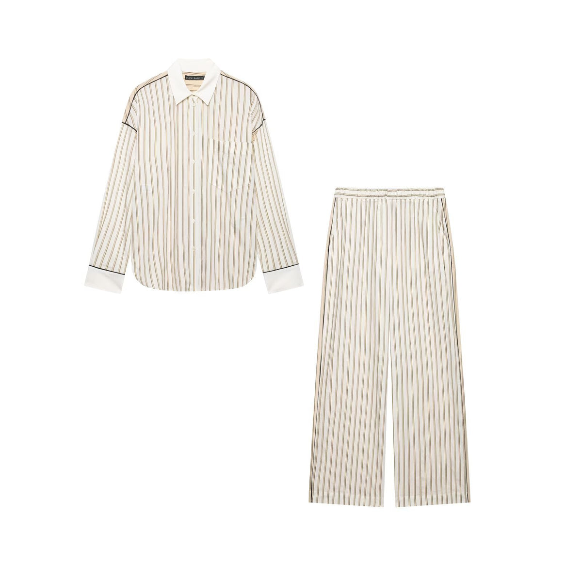 Color blocking lapel striped shirt+pants set