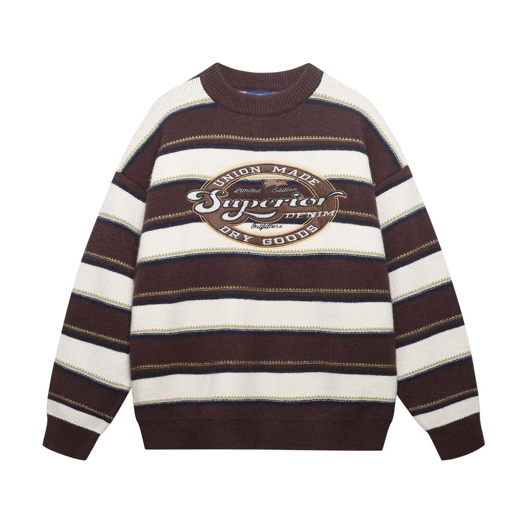 Letter Embroidery Striped Round Neck Sweater For Men | MuddyStock Originals Chestnut Brown MuddyStock