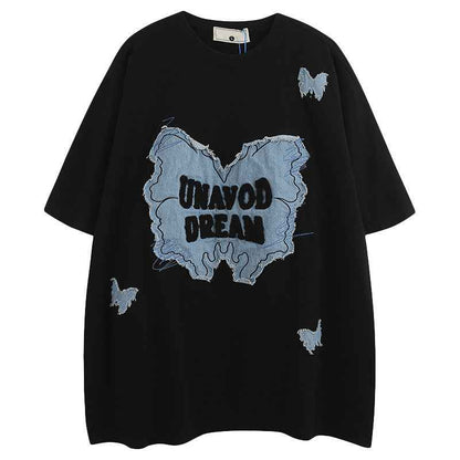 Denim Patch Decorative Short Sleeve T-Shirt For Women | MuddyStock Originals Black MuddyStock