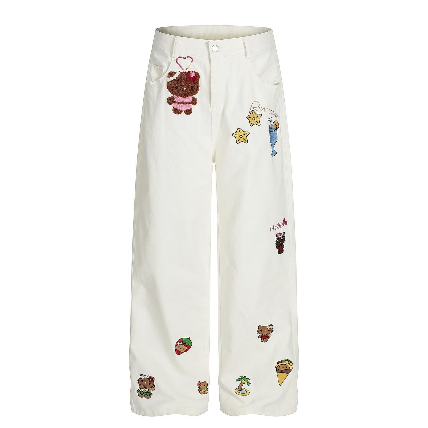 Kitty cat embroidered vintage jeans for women White