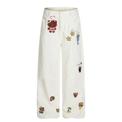 Kitty cat embroidered vintage jeans for women White