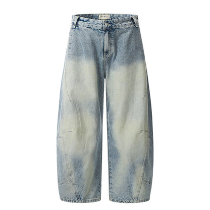 Wrinkle splicing lightning pattern washed white jeans