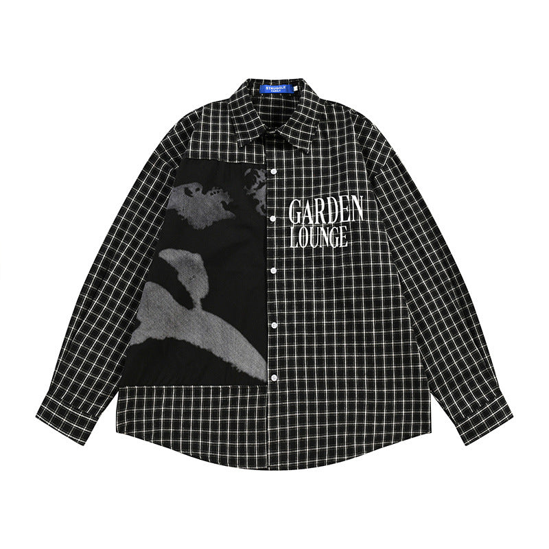 Men's Punk High Street Casual Spliced Color-Block Houndstooth Long Sleeve Lapel Shirt Black