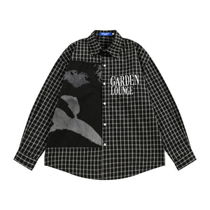 Men's Punk High Street Casual Spliced Color-Block Houndstooth Long Sleeve Lapel Shirt Black