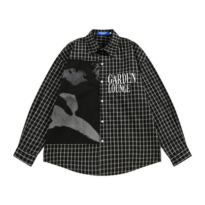 Men's Punk High Street Casual Spliced Color-Block Houndstooth Long Sleeve Lapel Shirt Black