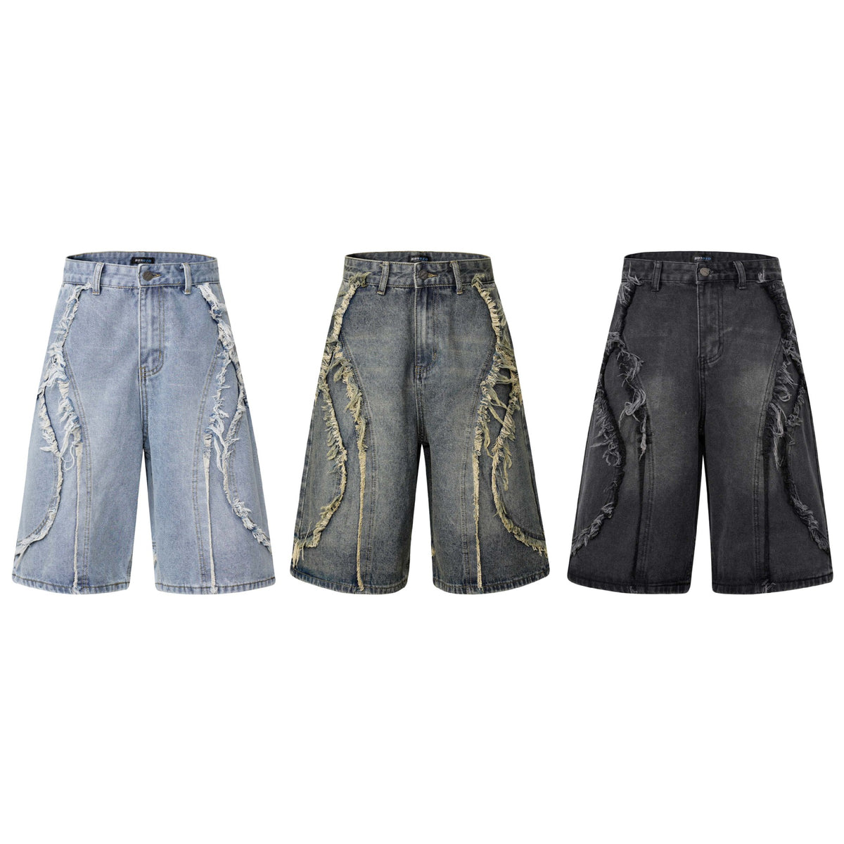 Washed Distressed Patchwork Cat Whisker Denim Shorts Unisex Loose Wide Leg Five-Point Pants
