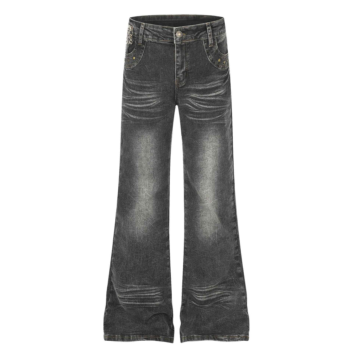 Women's High Waist Denim Flare Jeans with Leopard Patchwork | MuddyStock Originals Black