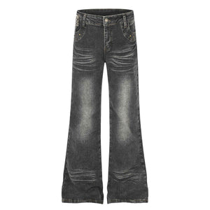 Women's High Waist Denim Flare Jeans with Leopard Patchwork | MuddyStock Originals Black