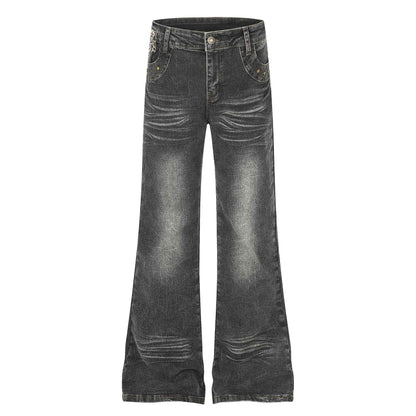 Women's High Waist Denim Flare Jeans with Leopard Patchwork | MuddyStock Originals Black