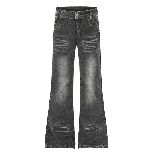 Women's High Waist Denim Flare Jeans with Leopard Patchwork | MuddyStock Originals Black