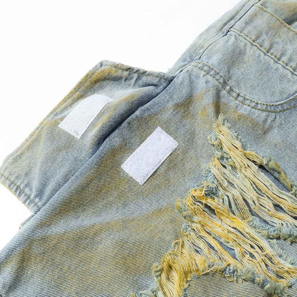 Distressed Frayed Hem Denim Shorts with Fake Two-Piece Design for Men | MuddyStock Originals
