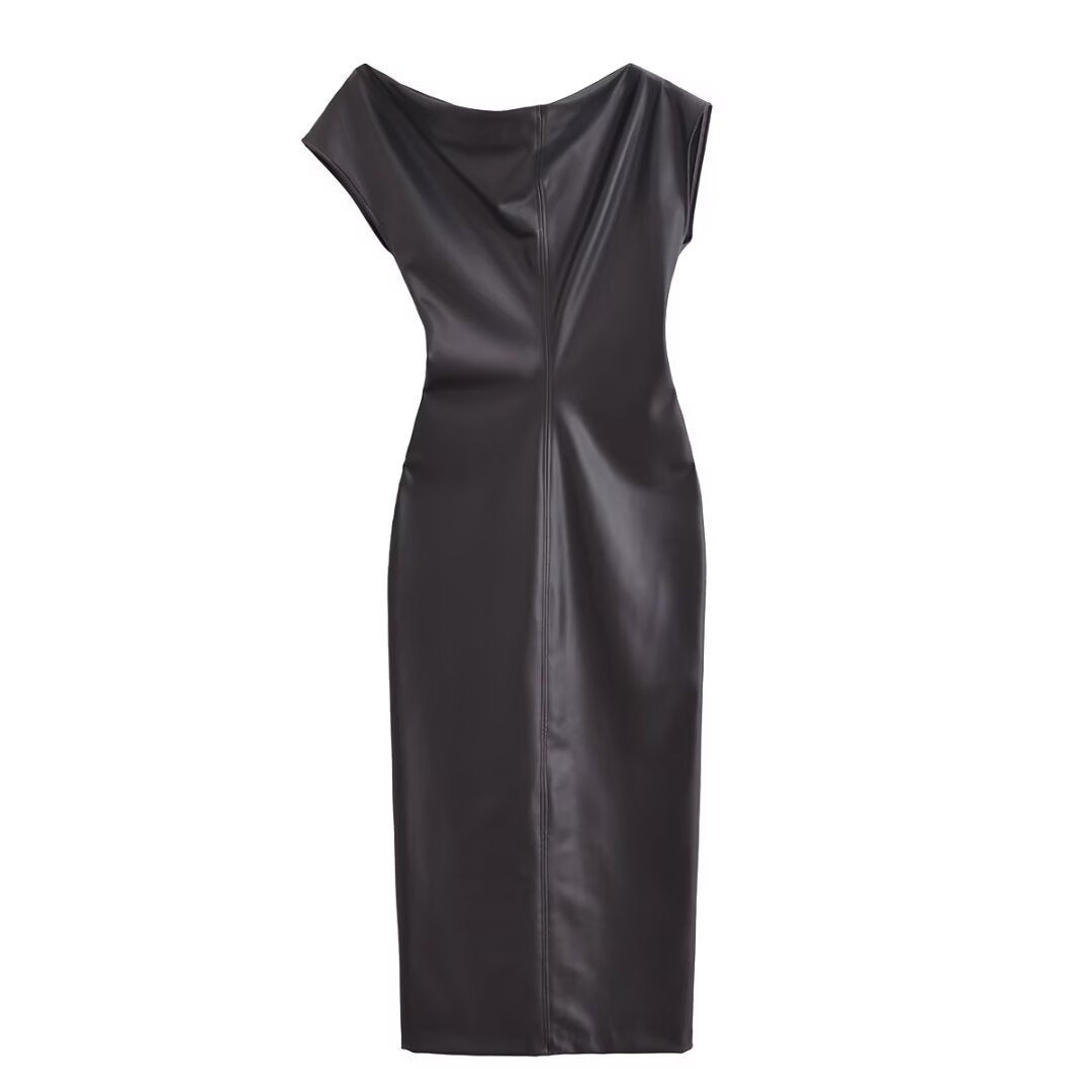 Asymmetric faux leather pleated dress | MuddyStock Originals