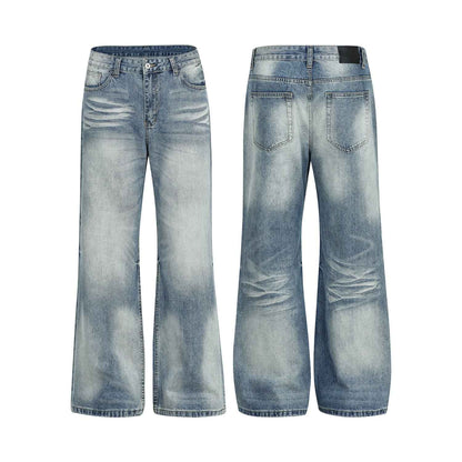 Vintage Street Cat-Whisker Pattern Loose Fit Women's Washed Blue Flared Jeans | MuddyStock Originals