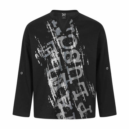 Silver Foil Letter Print Long Sleeve Small V-Neck Punk Streetwear T-Shirt Black