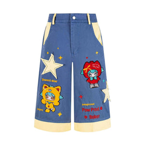 Cartoon patchwork cropped pants for women | MuddyStock Originals blue