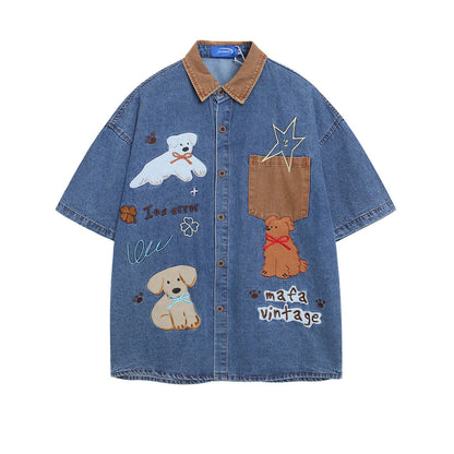Retro Spliced Corduroy Applique Dog Short Sleeve Shirt for Men and Women | MuddyStock Originals eprolo