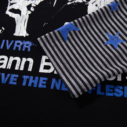 Punk Rock Portrait Printed Fake Two Piece Striped Long Sleeve T-shirt for men | MuddyStock Originals