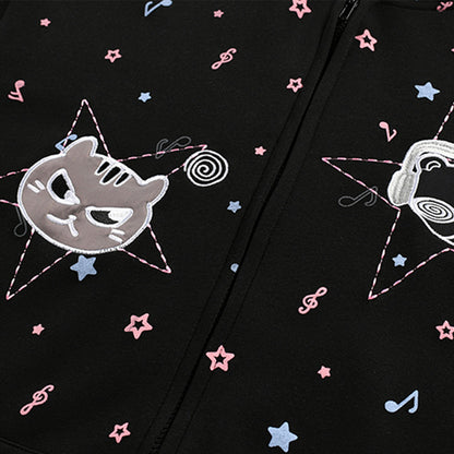 Men's Starry Pattern Cartoon Ears Zip-Up Hoodie Loose Casual Streetwear Jacket