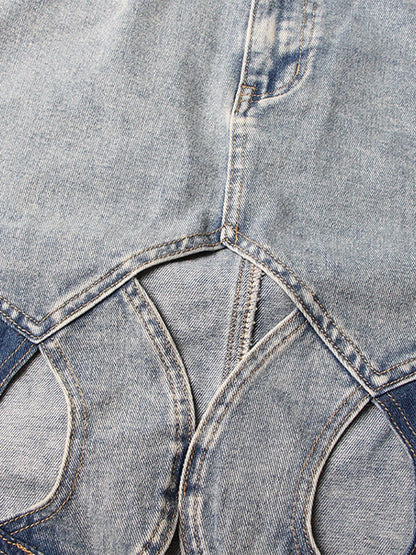 Patchwork Denim Hollow A-line High Waist Button Bottom Skirt | MuddyStock Originals