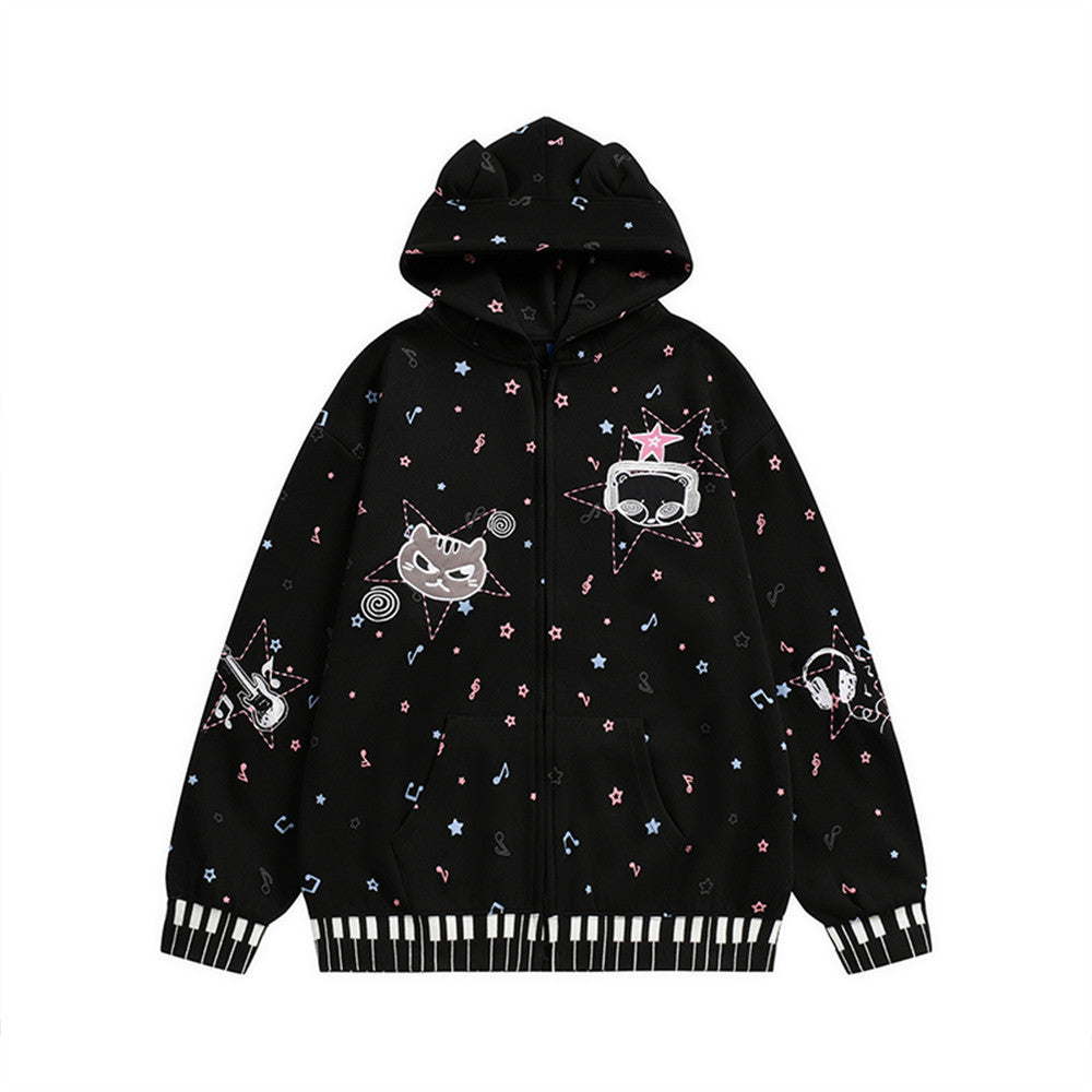 Men's Starry Pattern Cartoon Ears Zip-Up Hoodie Loose Casual Streetwear Jacket