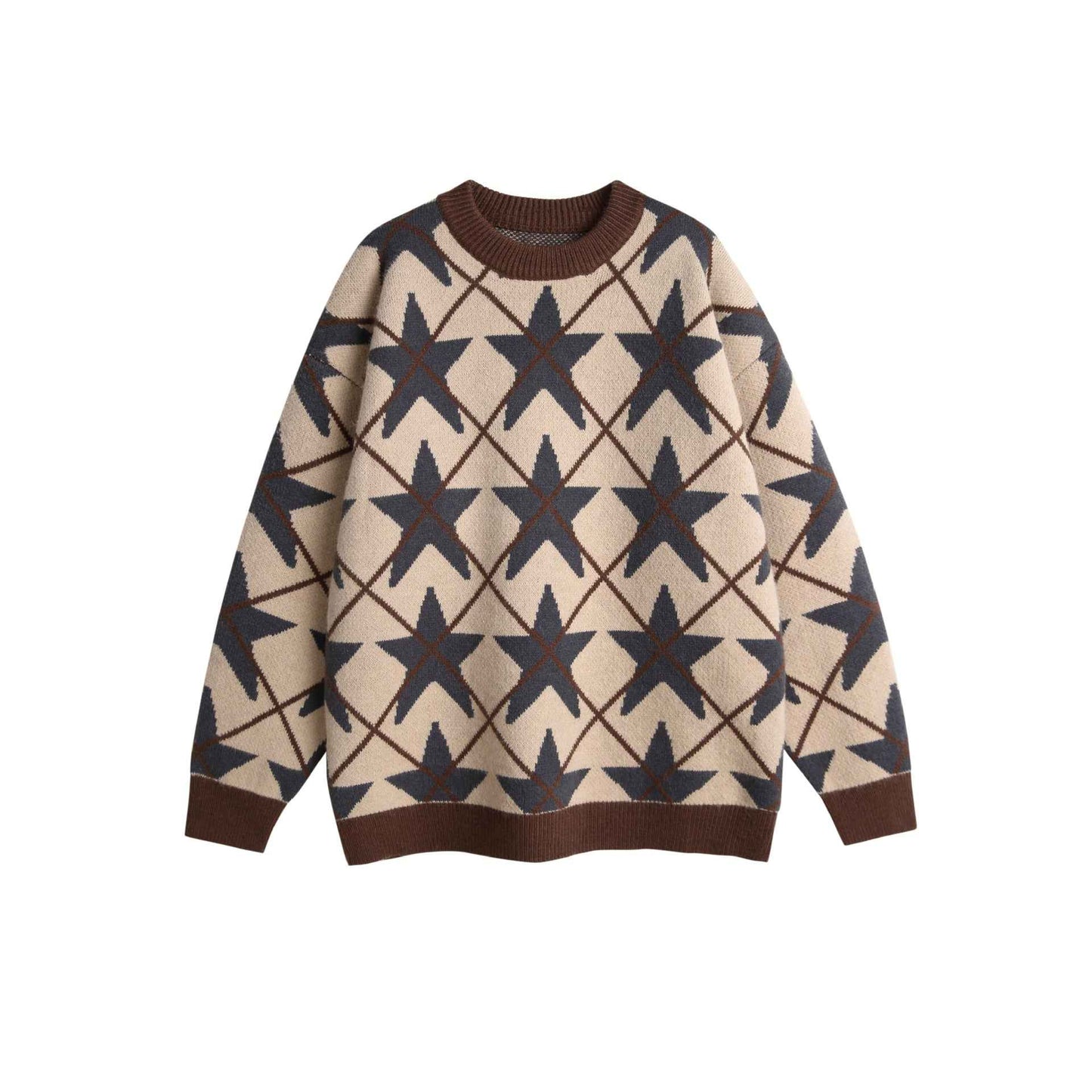 Jacquard Crewneck Loose Pullover Sweater For Women | MuddyStock Originals Brown MuddyStock