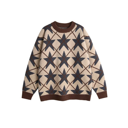 Jacquard Crewneck Loose Pullover Sweater For Women | MuddyStock Originals Brown MuddyStock
