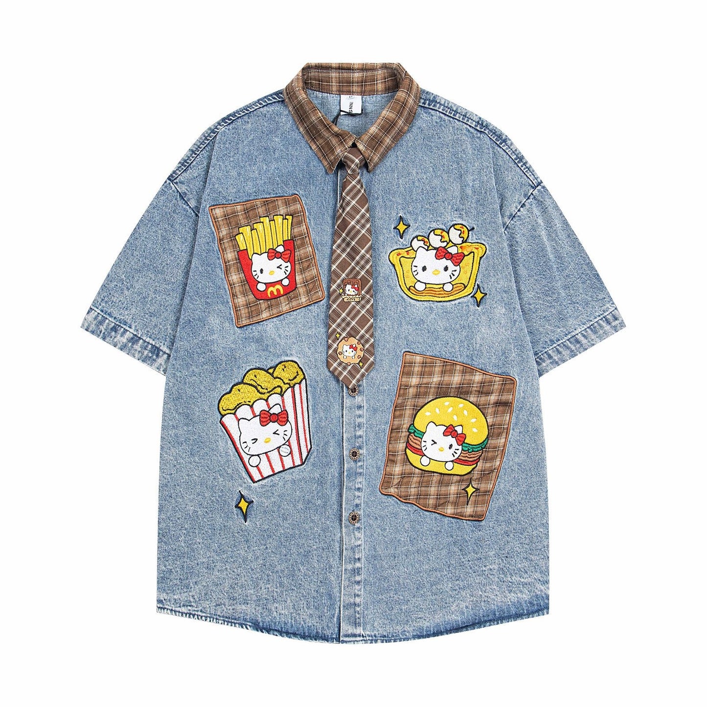 Retro Cartoon Patchwork Plaid Short Sleeve Shirt For Women | MuddyStock Originals eprolo