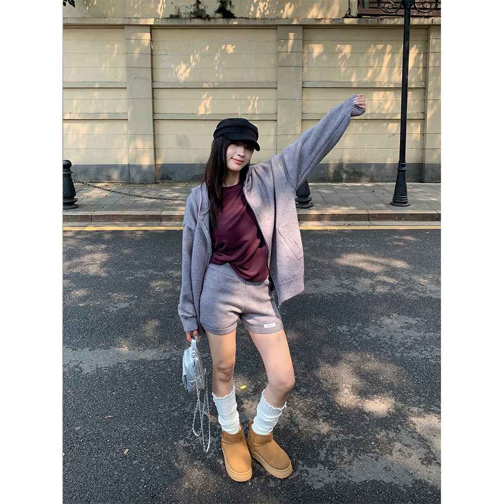 Casual Knitted Set with Long Sleeve Cardigan and Shorts for Women | MuddyStock Originals