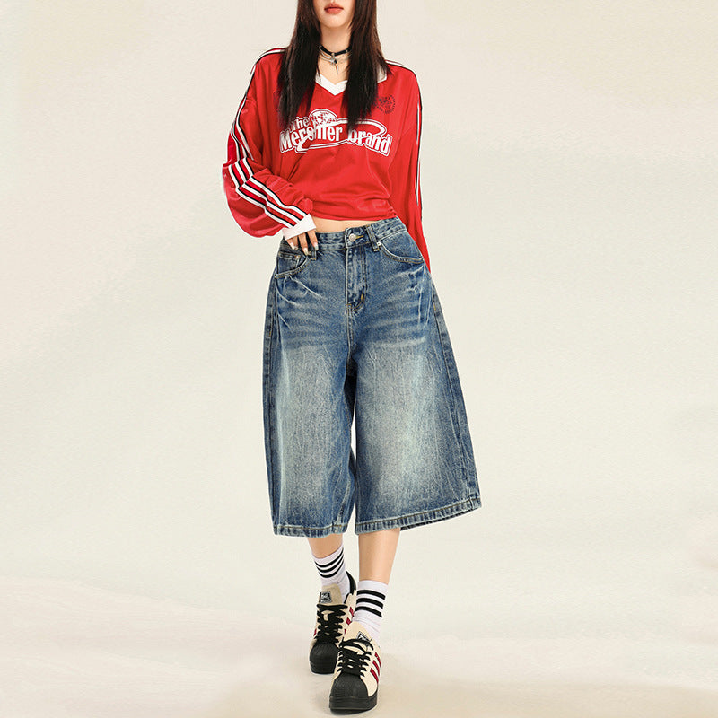 Women's Pattern Seven-Quarter Denim Pants Design Washed Straight Leg Trousers Washed Blue # Seven-Quarter Pants eprolo
