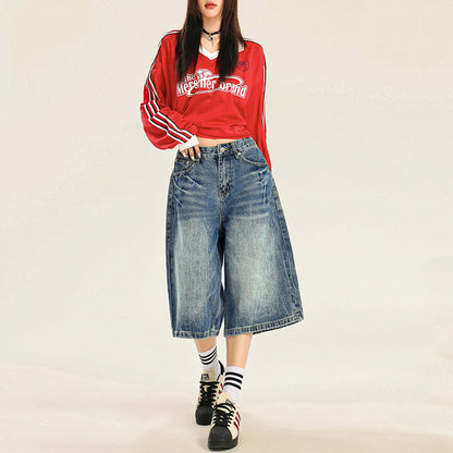 Women's Pattern Seven-Quarter Denim Pants Design Washed Straight Leg Trousers Washed Blue # Seven-Quarter Pants eprolo