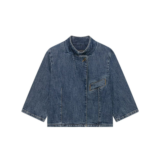 Versatile short sleeved stand up collar denim suit jacket Blue