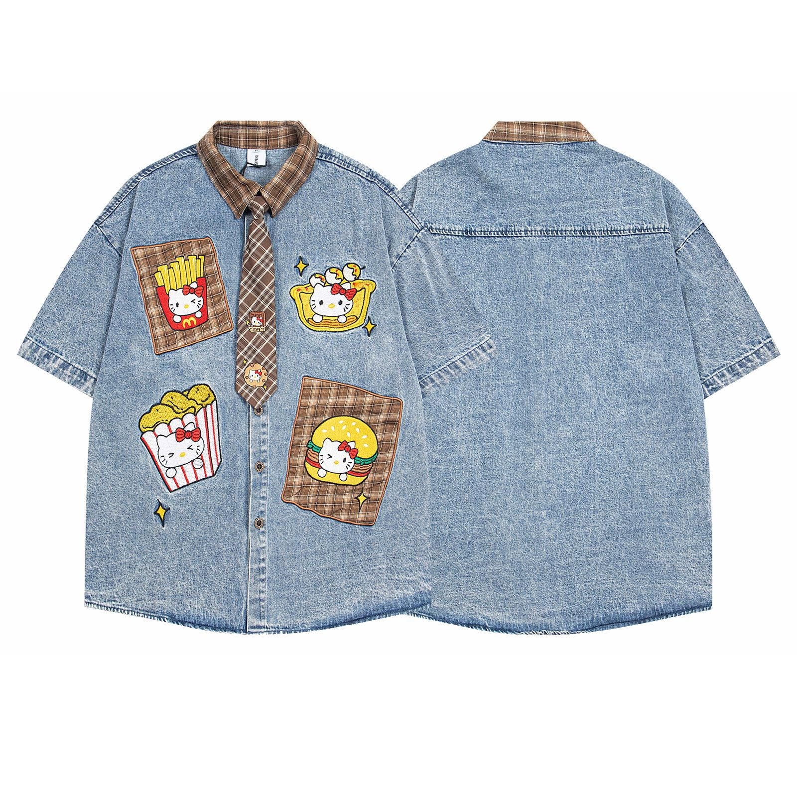 Retro Cartoon Patchwork Plaid Short Sleeve Shirt For Women | MuddyStock Originals eprolo