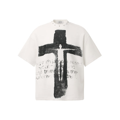 Wear and tear cross shaped short sleeves White
