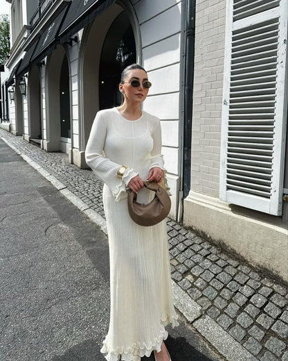 Round neck long sleeved slim fit dress for women | MuddyStock Originals white