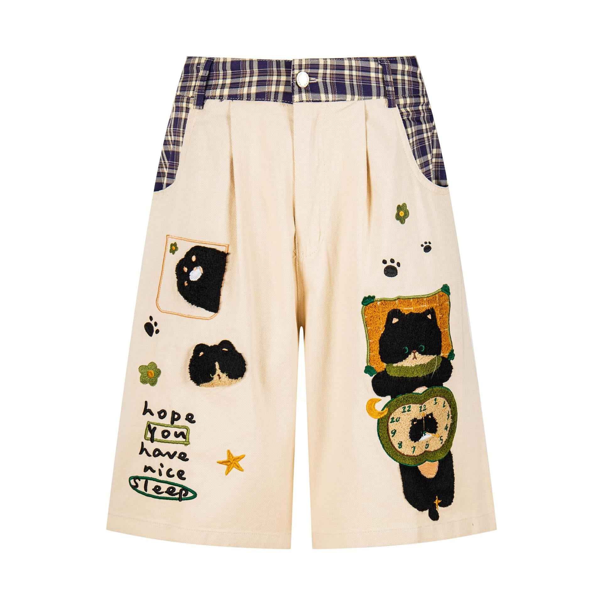 Cat Embroidered plaid Waist Head Contrasting Color Wide Leg Shorts beige