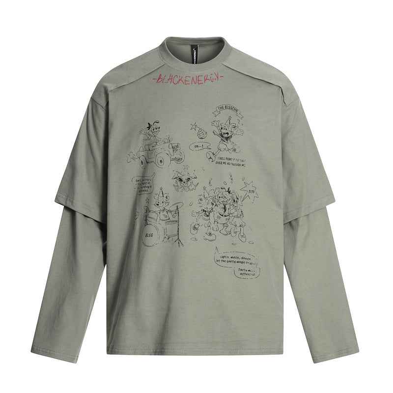Cartoon Print Fake Two-Piece Long Sleeve T-Shirt For Men And Women | MuddyStock Originals Dark Grey MuddyStock