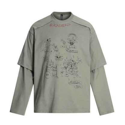 Cartoon Print Fake Two-Piece Long Sleeve T-Shirt For Men And Women | MuddyStock Originals Dark Grey MuddyStock