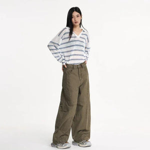Dark Gray Wide-Leg Cargo Knife Pants For Women | MuddyStock Originals Military Green