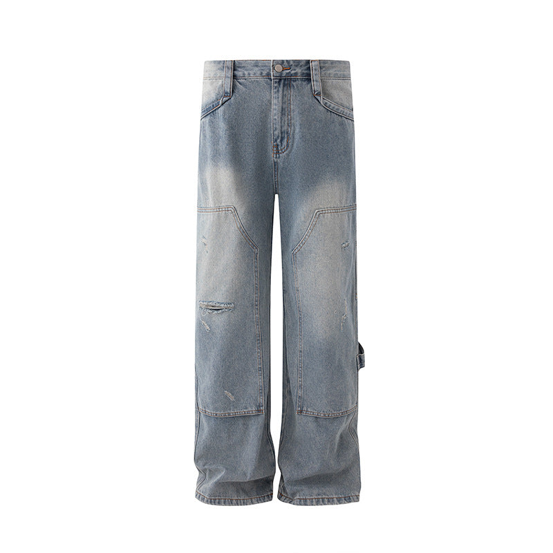 Vintage Washed Ripped Denim Pants Men Autumn Winter Loose Wide Leg Straight Cut Casual Wear eprolo