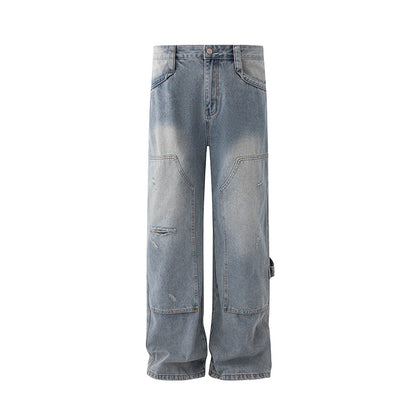 Vintage Washed Ripped Denim Pants Men Autumn Winter Loose Wide Leg Straight Cut Casual Wear eprolo