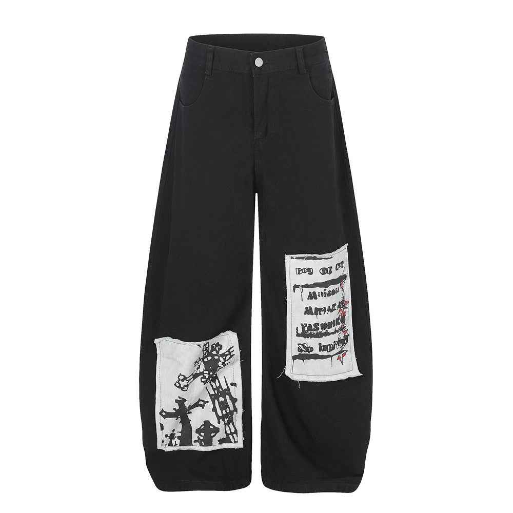 Embroidered wide leg denim curved knife pants