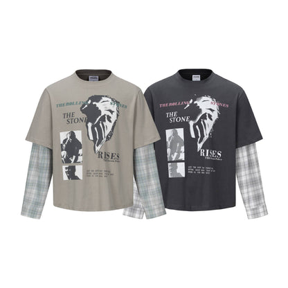 Character Print Faux Two-Piece Plaid Spliced Long Sleeve T-Shirt for Men | MuddyStock Originals